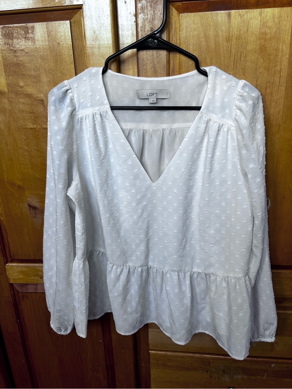LOFT White V-Neck Peplum Blouse with Eyelet Dot